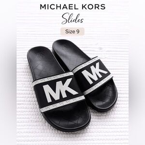 Michael Kors MK Slide Sandals Black Logo Pool Slides Size 9 Women